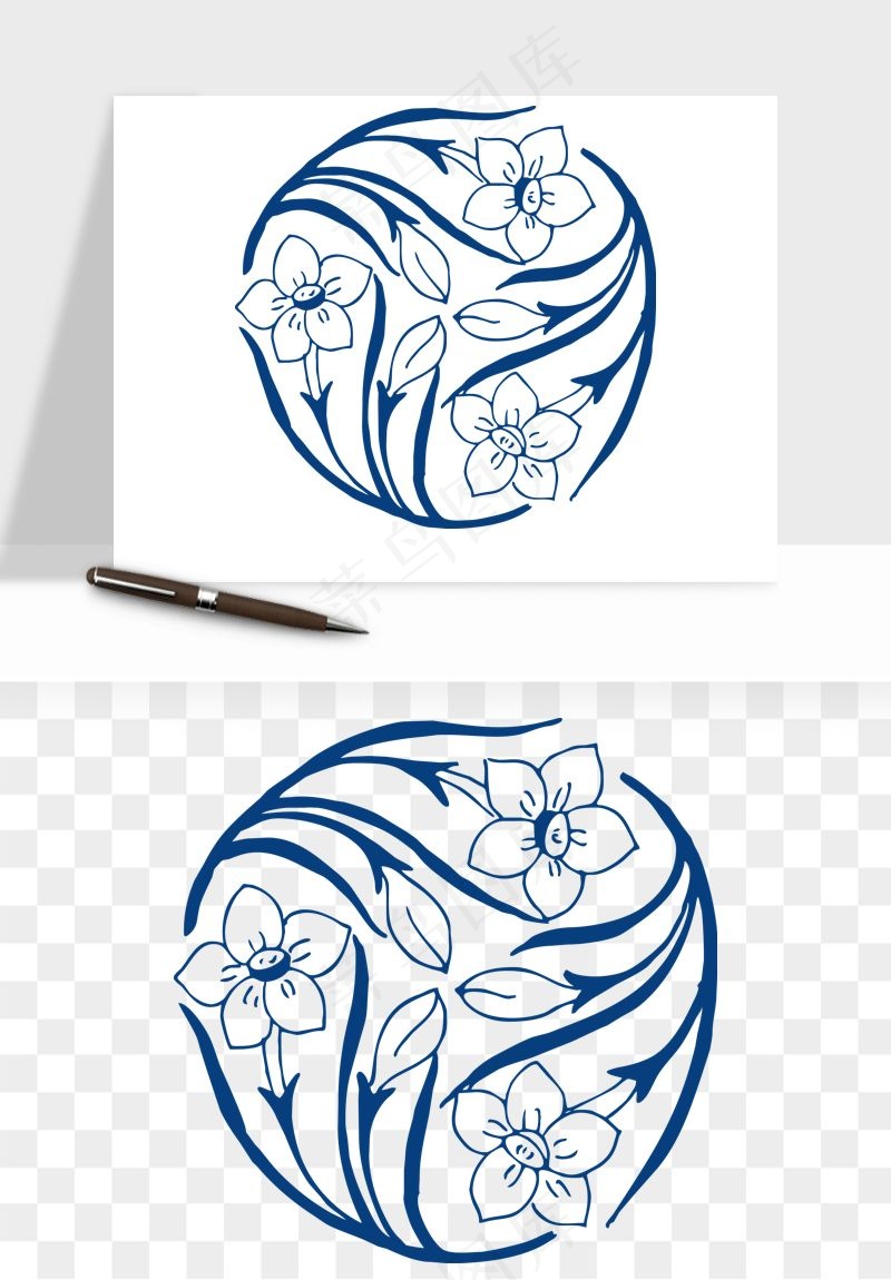 青花瓷花纹花卉图案png免抠