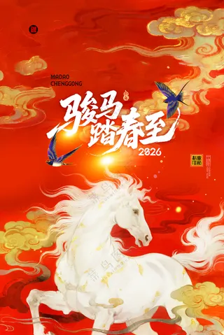 马年喜庆骏马踏春至新年2026海报