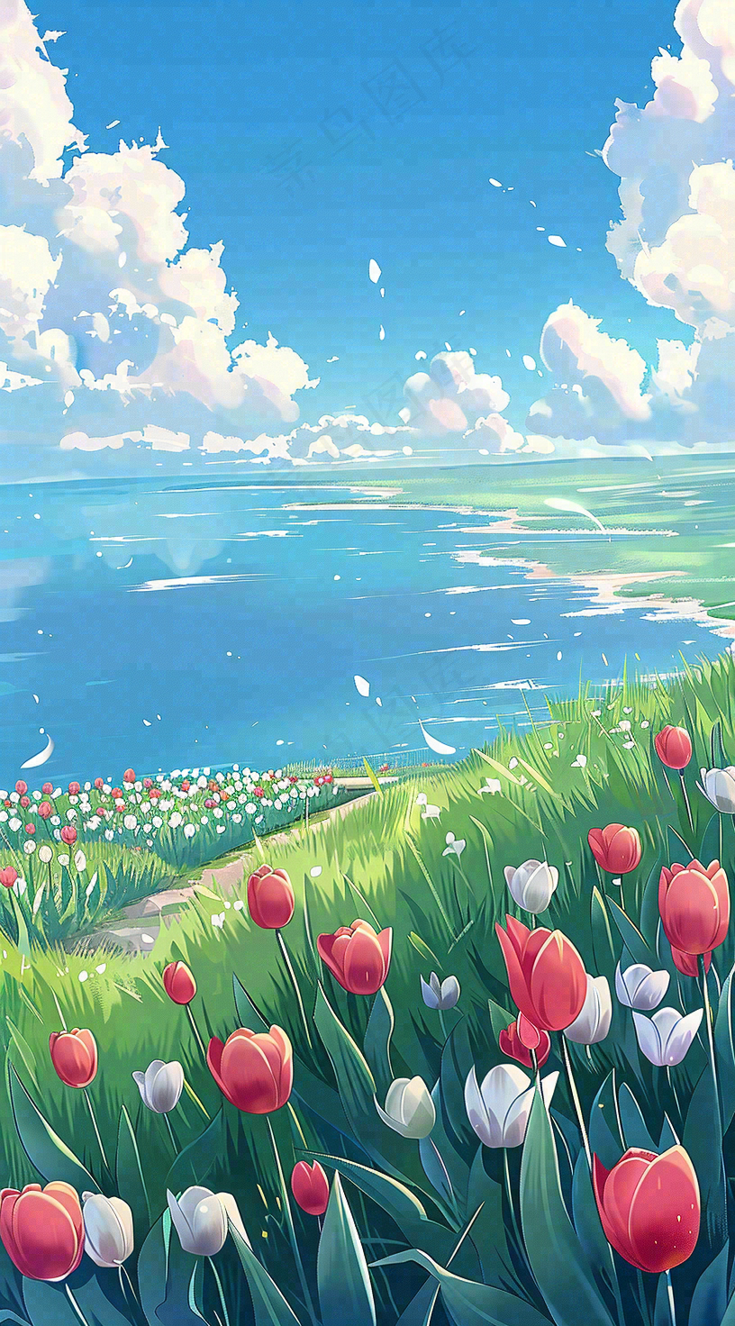 春天海边晴天蓝天白云郁金香春分插画背景