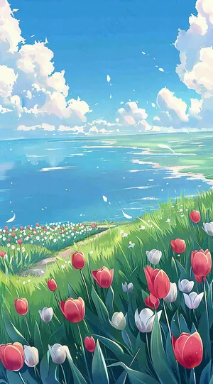春天海边晴天蓝天白云郁金香春分插画背景
