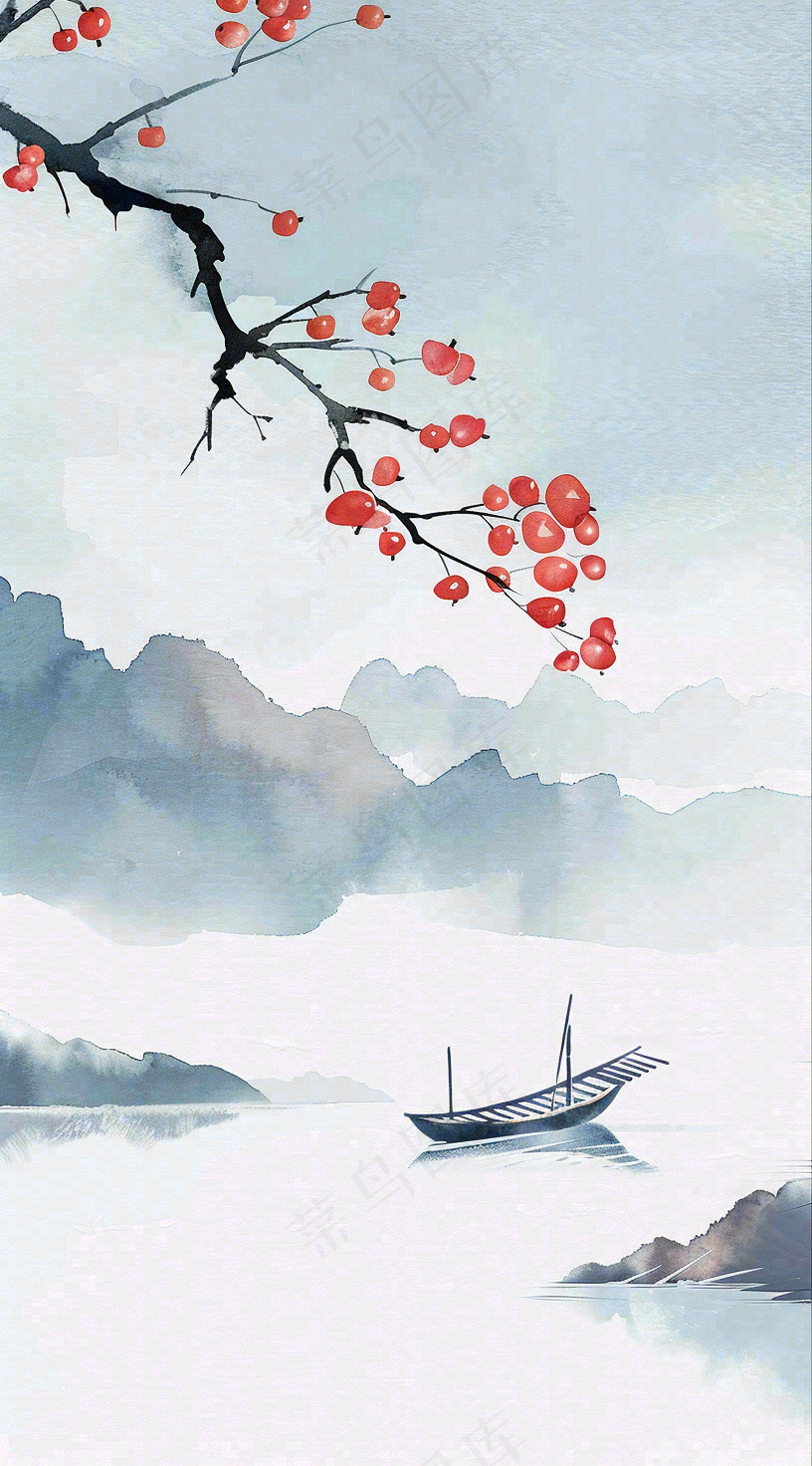 中国风山水秋冬柿子树霜降插画背景