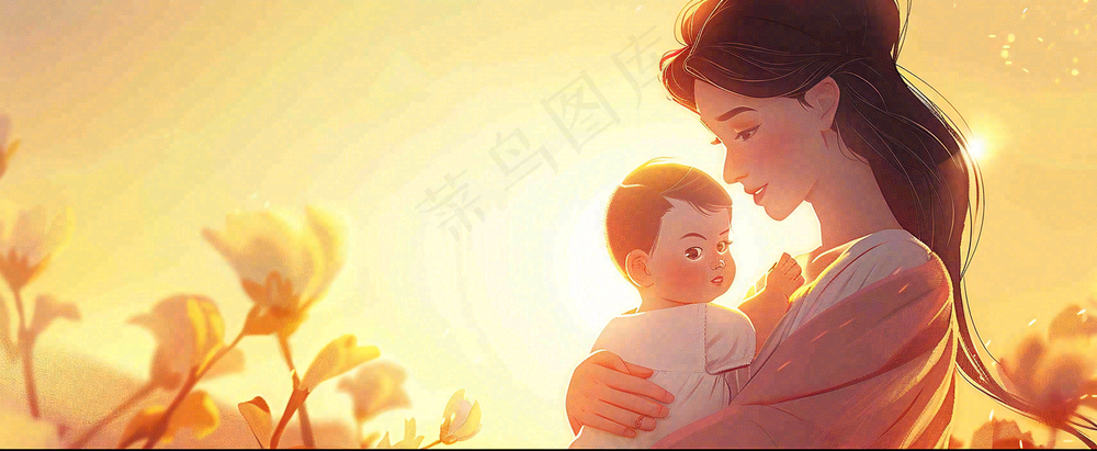 母亲节妈妈亲情抱着孩子鲜花光辉插画背景