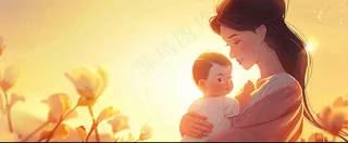 母亲节妈妈亲情抱着孩子鲜花光辉插画背景