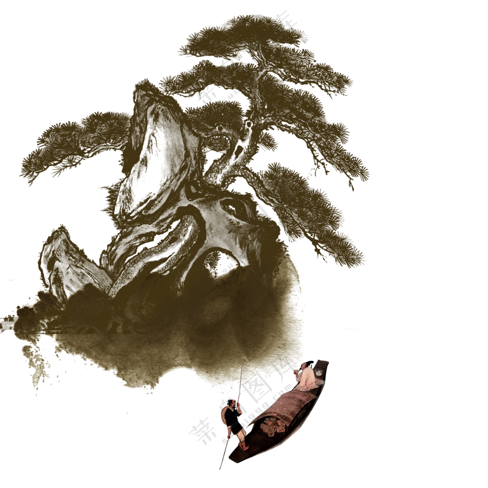 松树山石与泛舟的古人免抠图片素材