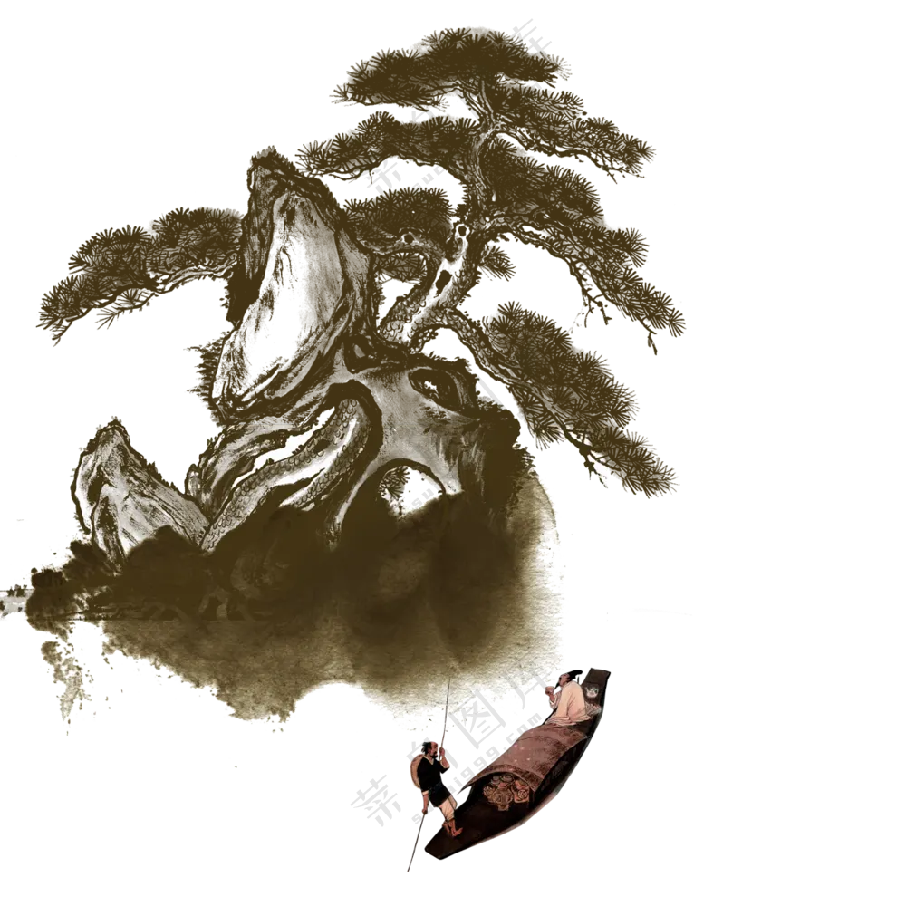 松树山石与泛舟的古人免抠图片素材