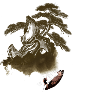 松树山石与泛舟的古人免抠图片素材