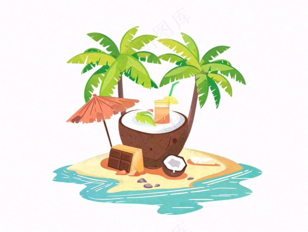 椰子岛椰子树海洋岛屿卡通插画免抠