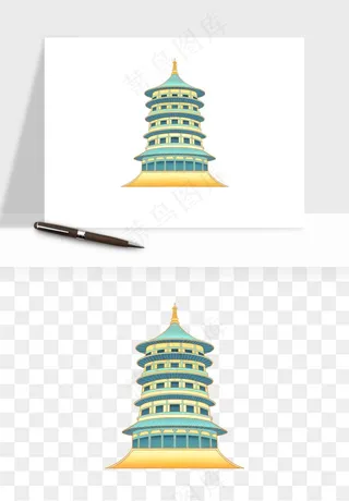 国潮高塔古塔楼建筑png免抠