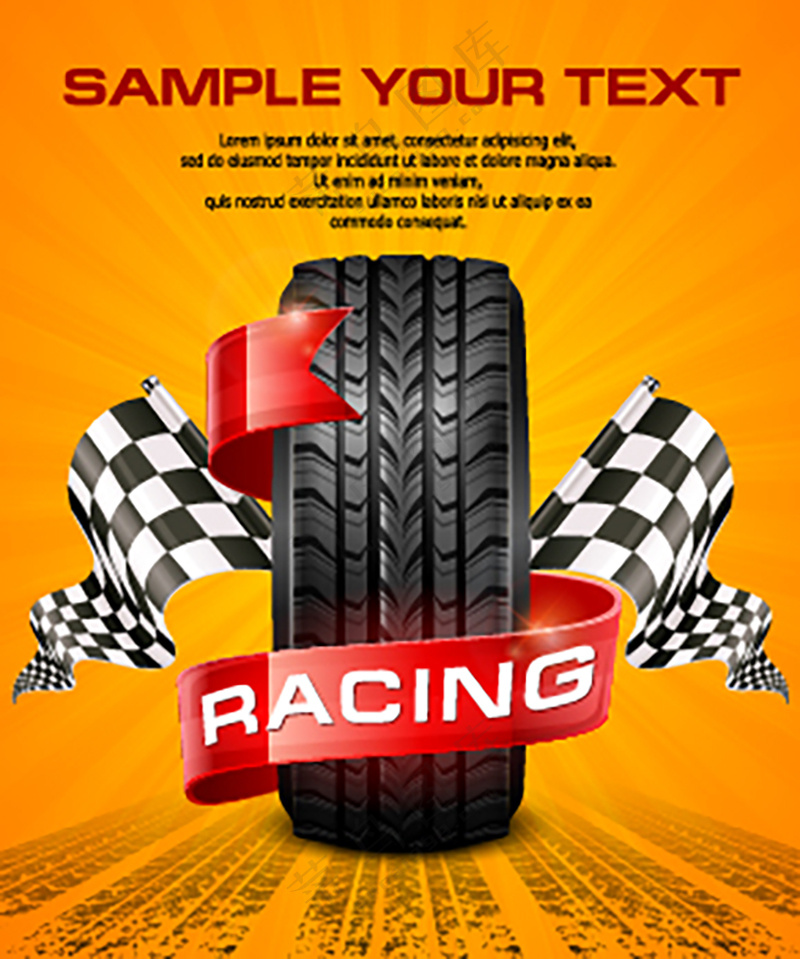 黄色背景轮胎广告宣传广告海报黑白旗帜红绸子