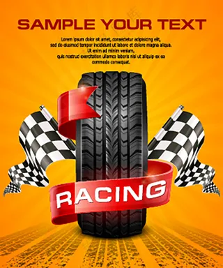 黄色背景轮胎广告宣传广告海报黑白旗帜红绸子