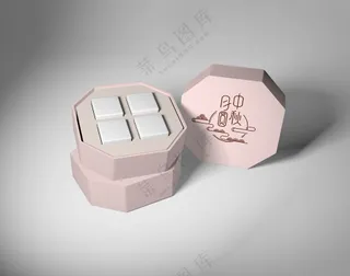 粉色简约八边形天地盖中式传统中秋节月饼礼盒包装psd样机027