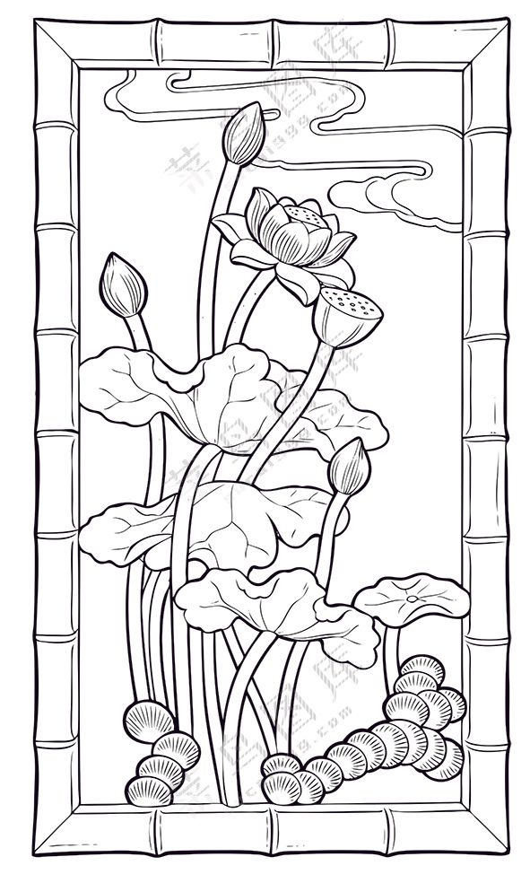 黑色简约莲花雕刻图案