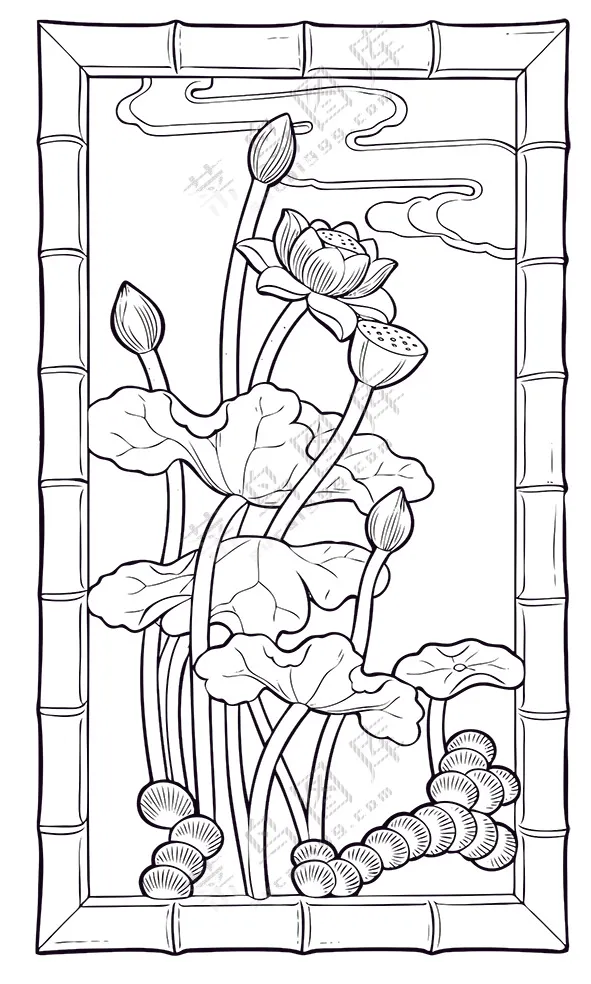 黑色简约莲花雕刻图案