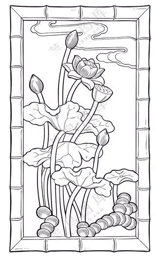 黑色简约莲花雕刻图案