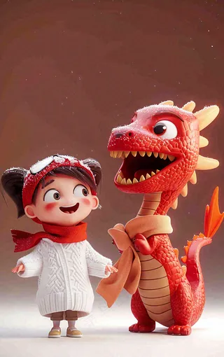 新春节日龙年儿童庆祝喜庆红色小年新年卡通插画背景