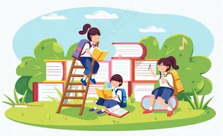 学生们在书本知识里学习阅读遨游阶梯世界读书日卡通插画背景