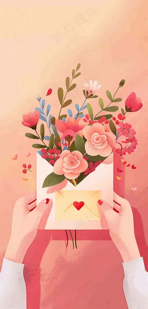 母亲节鲜花花束信封康乃馨粉色插画背景