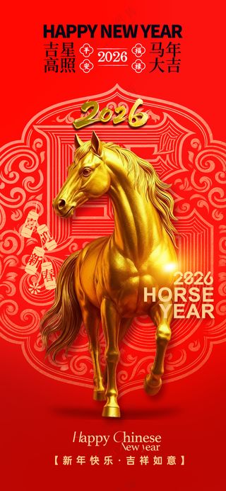 马年喜庆金色骏马迎春新春海报