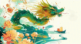 中国龙龙舟绿色创意插画端午节背景