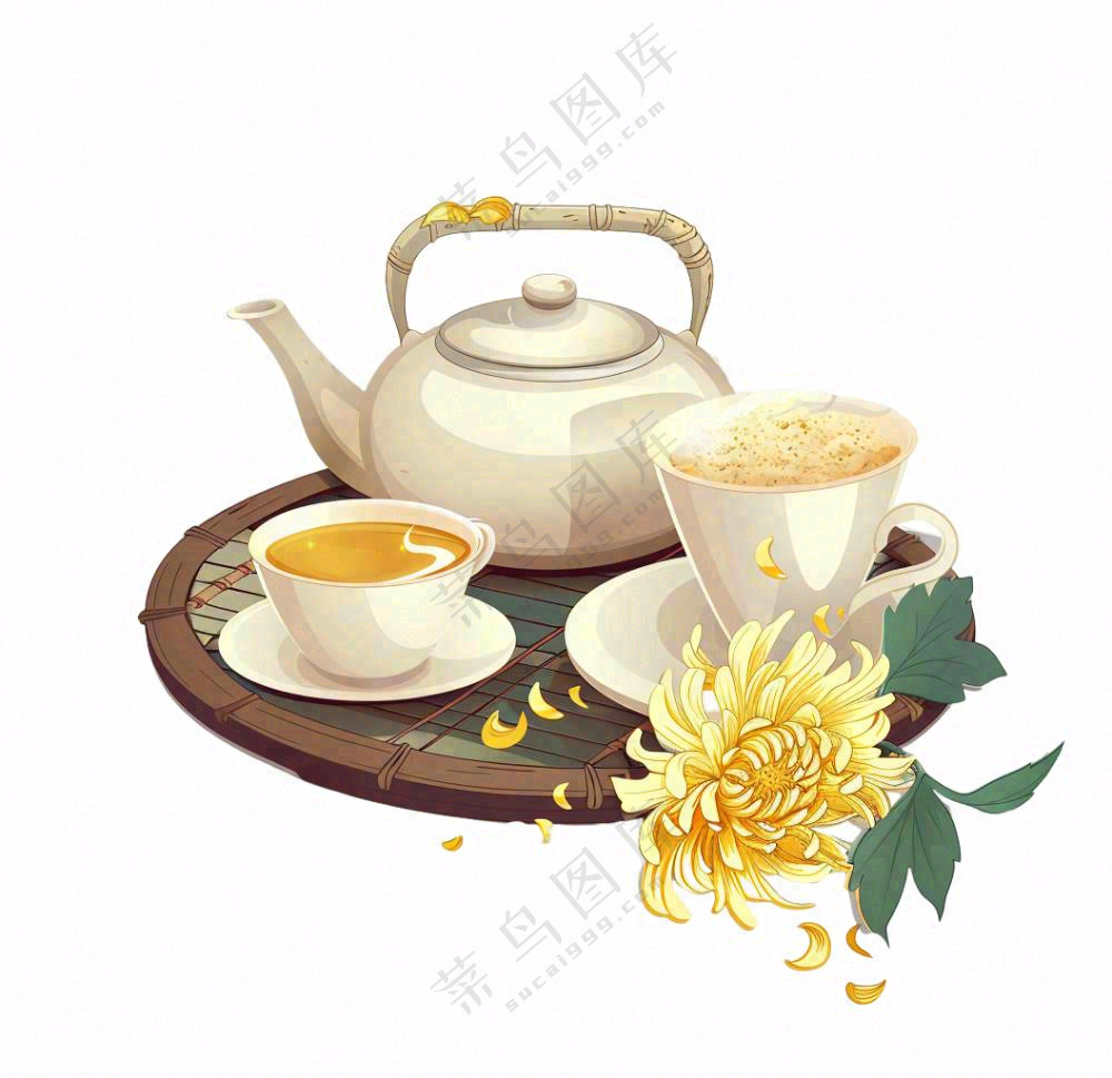 菊花茶茶壶喝茶插画免抠