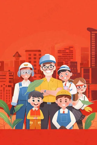 卡通插画劳动节职业人物形象插画背景