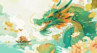 中国龙龙舟绿色创意插画端午节背景