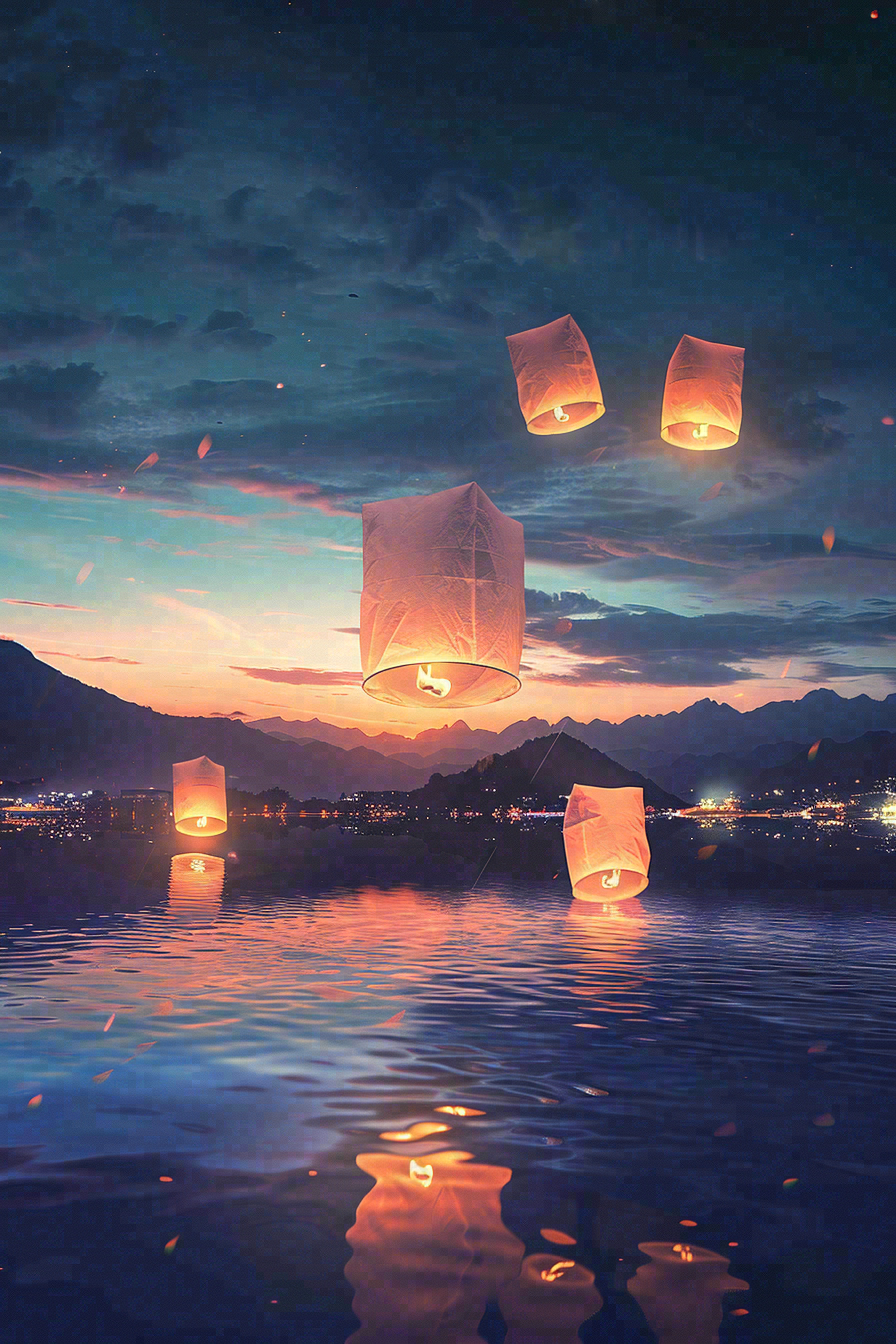 夜晚点灯孔明灯祈福中元节寒衣节插画背景