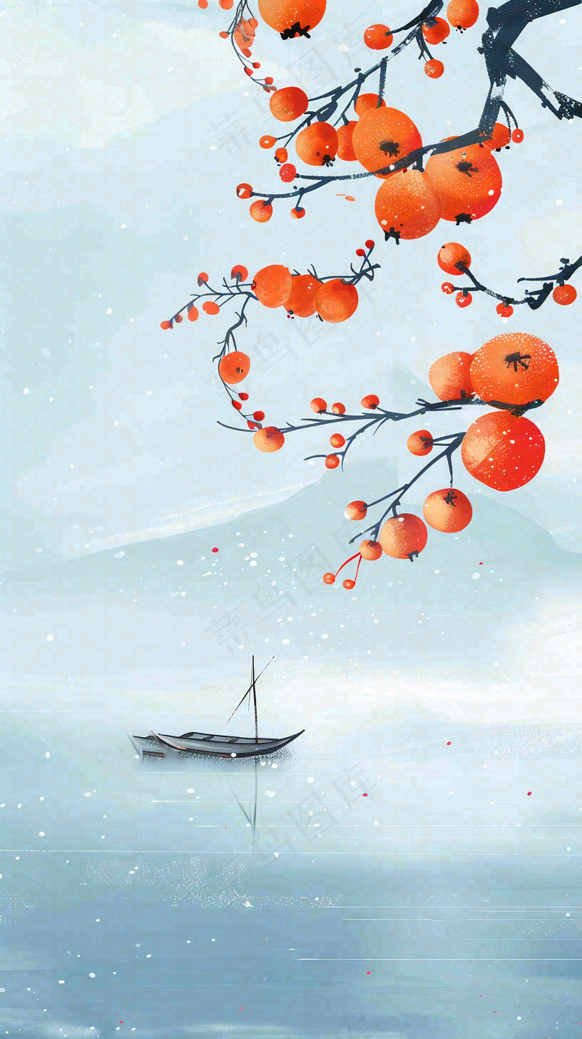 中国风山水画柿子树船只霜降插画背景