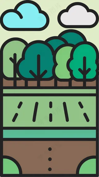 野外田野树林 抽象粗线条简笔风景画