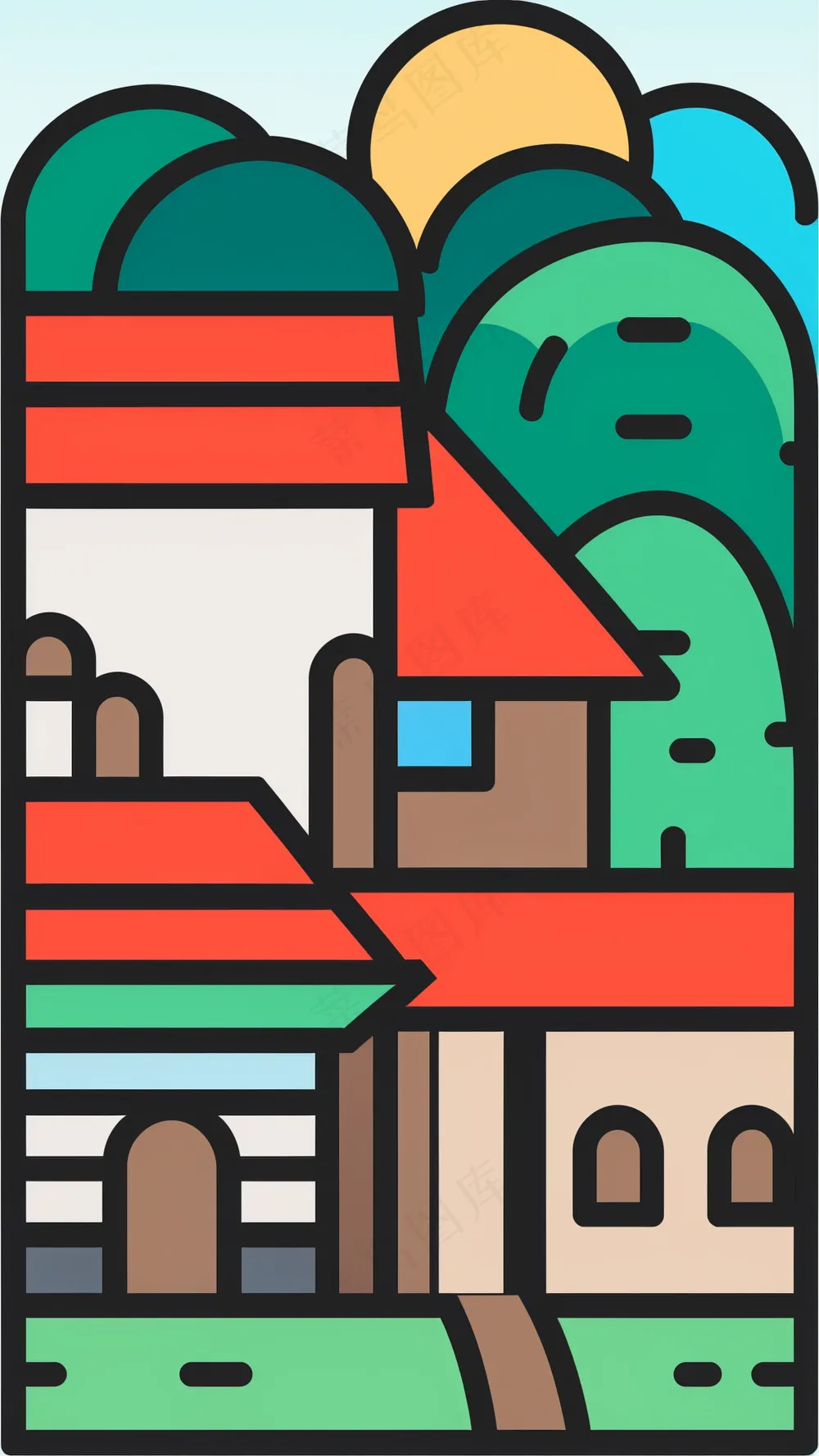 小山村 抽象粗线条简笔风景画