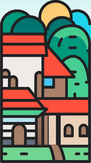 小山村 抽象粗线条简笔风景画