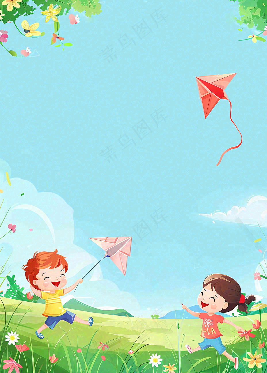 蓝天草坪上放风筝的孩子们儿童节卡通插画背景
