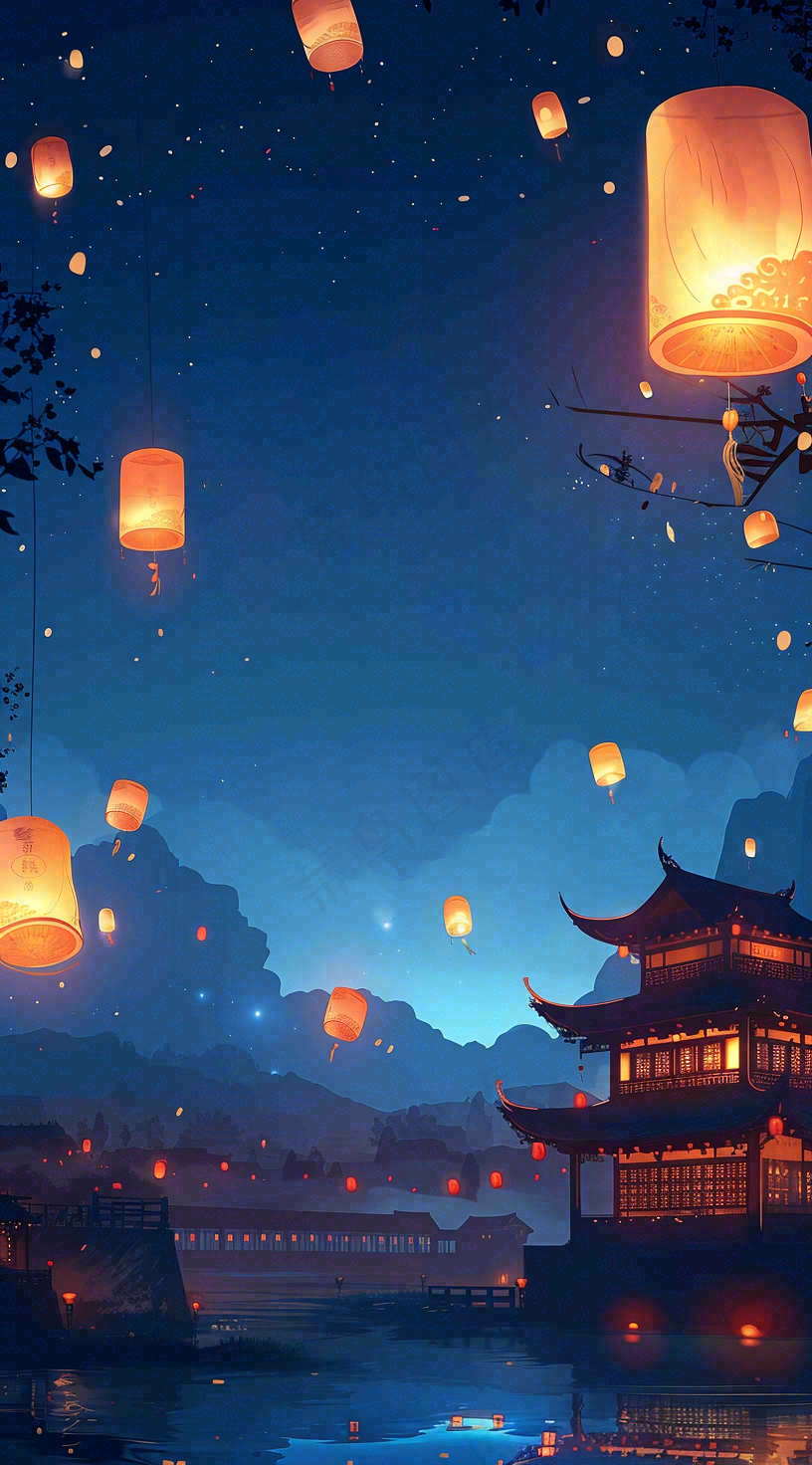 夜晚点灯孔明灯祈福中元节寒衣节插画背景