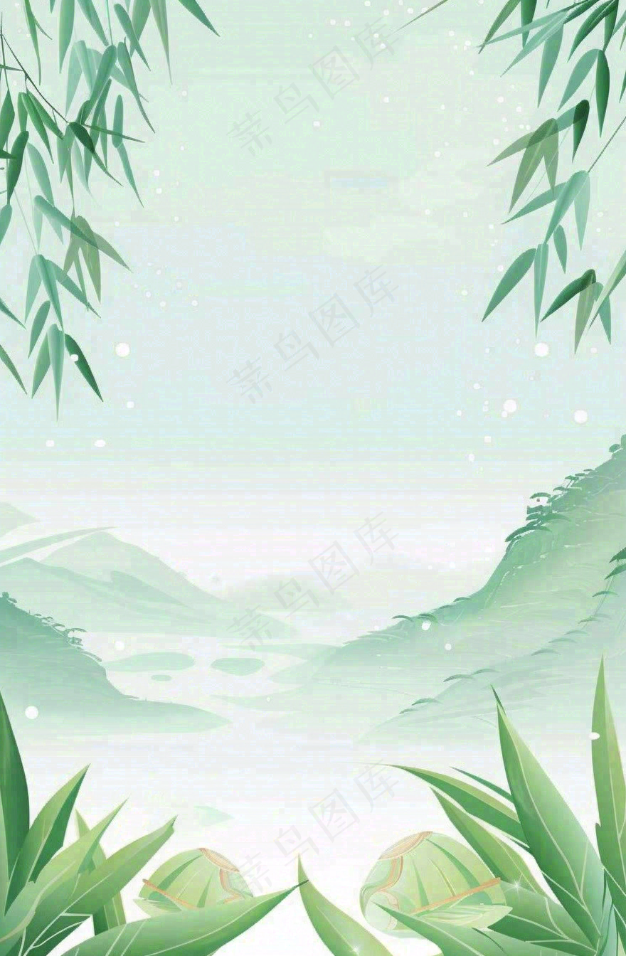 中国风插画山水竹叶青色插画清新淡雅端午节插画背景