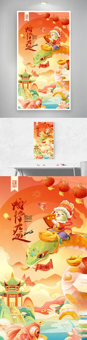 国潮蛇年插画卡通蛇广告设计海报
