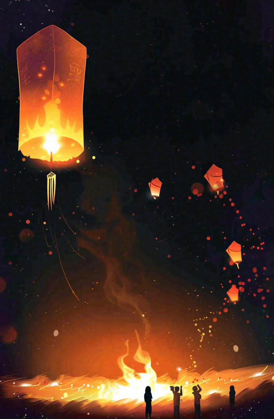 夜晚点灯孔明灯祈福中元节寒衣节插画背景