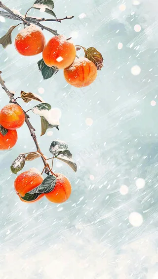 冬天风雪里的柿子树霜降插画背景