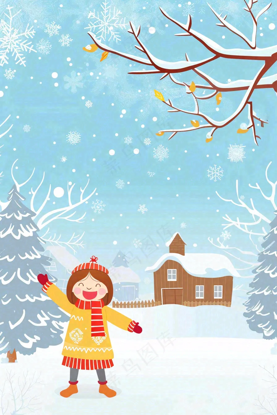 冬天白雪覆盖寒冷唯美雪景小寒插画背景
