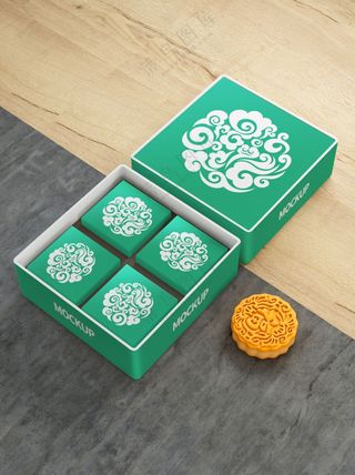 绿色中式传统中秋节月饼礼盒包装psd样机029