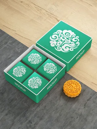 绿色中式传统中秋节月饼礼盒包装psd样机029