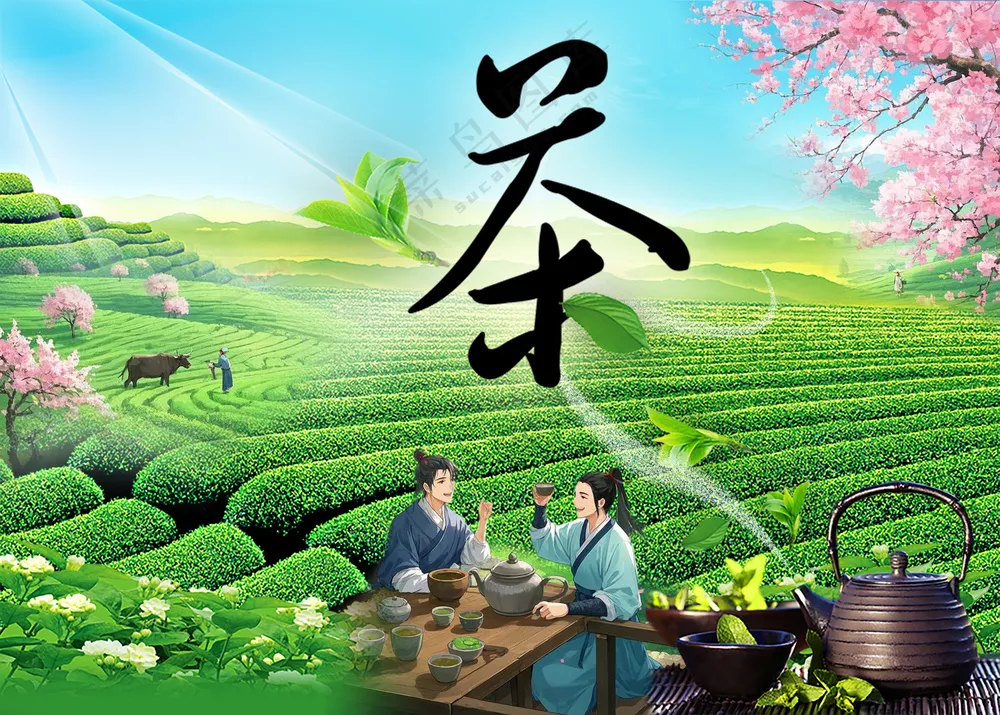 天然茶园古人喝茶品茗修身养性图