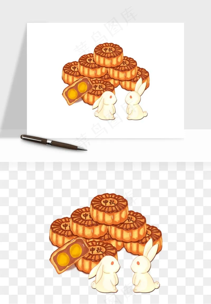 中秋月饼玉兔国潮插画png免抠