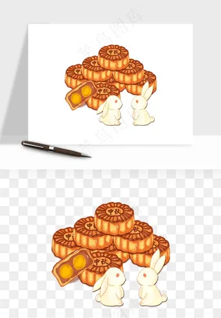 中秋月饼玉兔国潮插画png免抠