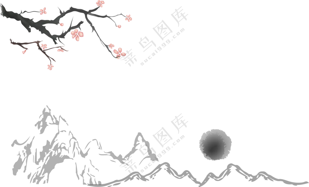 群山与粉色花枝中国风元素免抠图片