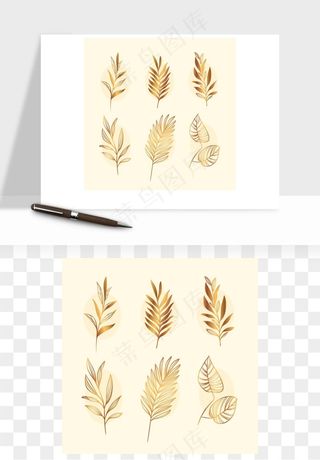 手绘金色叶子矢量png免抠