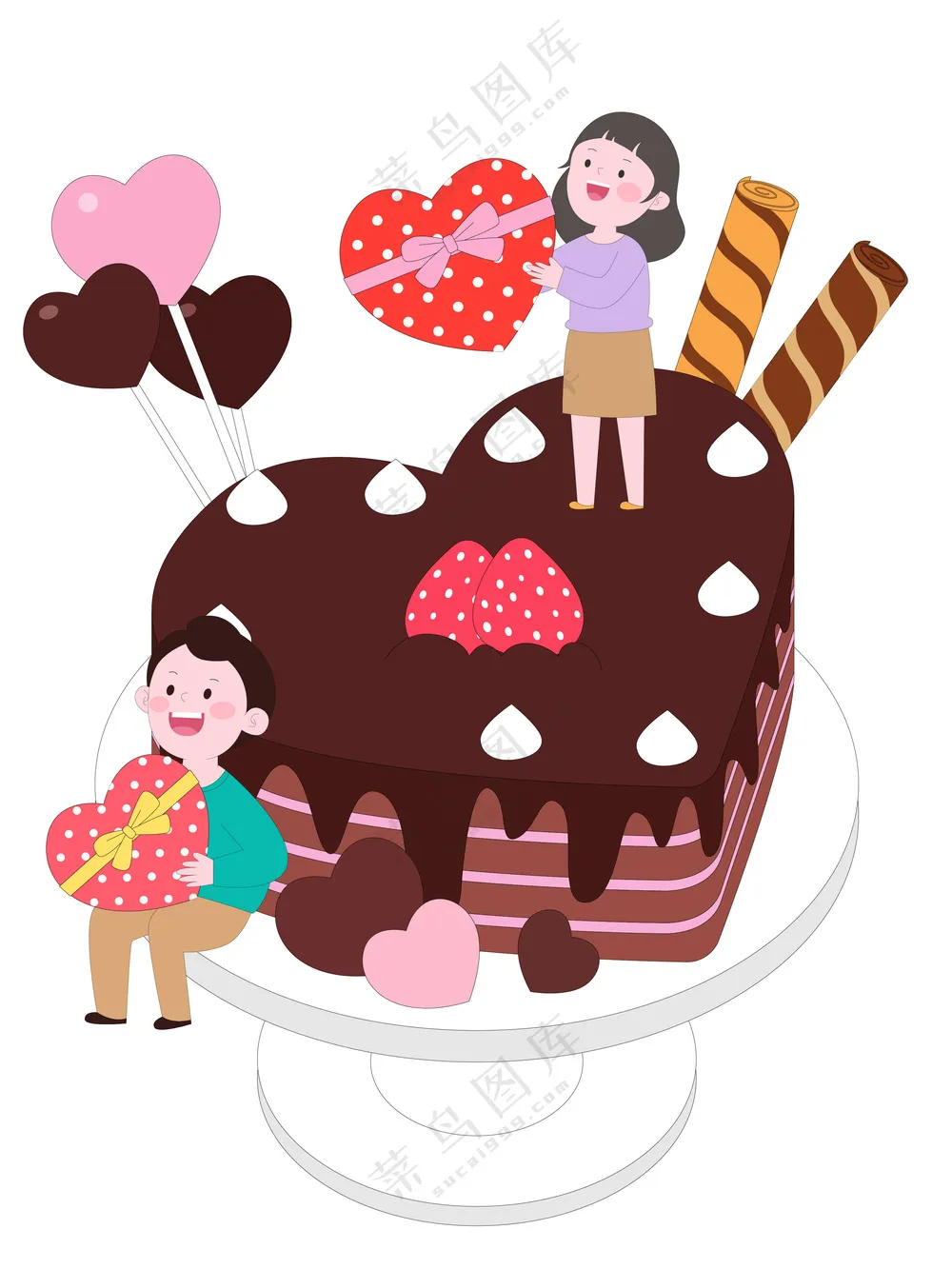 卡通扁平化购物街巧克力蛋糕礼盒可爱插画