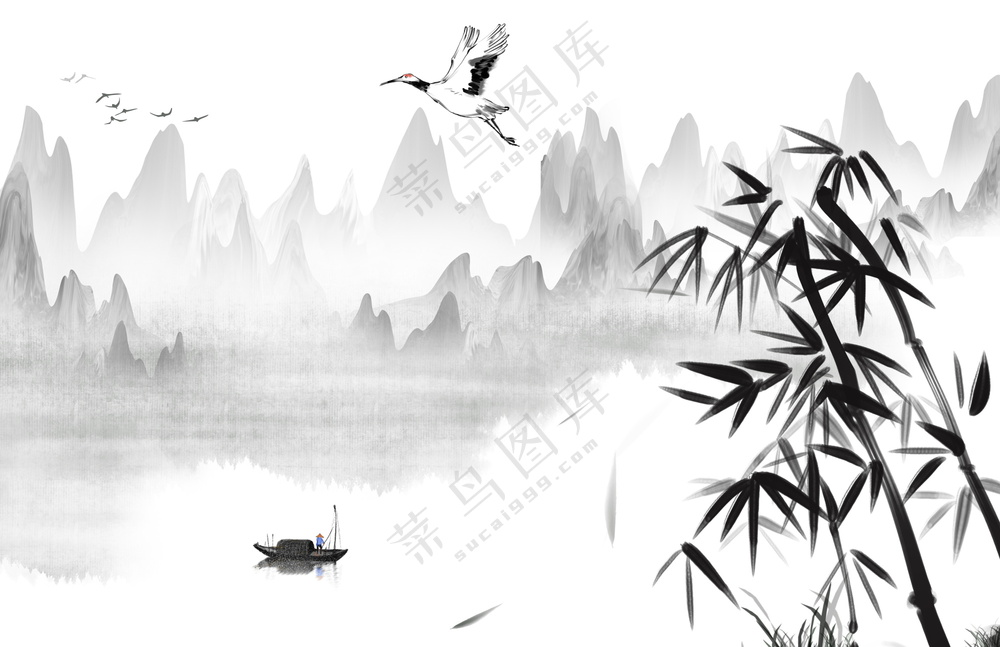 山水风景水墨画插画