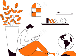 一个男生坐在地上读书 惬意 植物 地球仪 橙色扁平商务插画