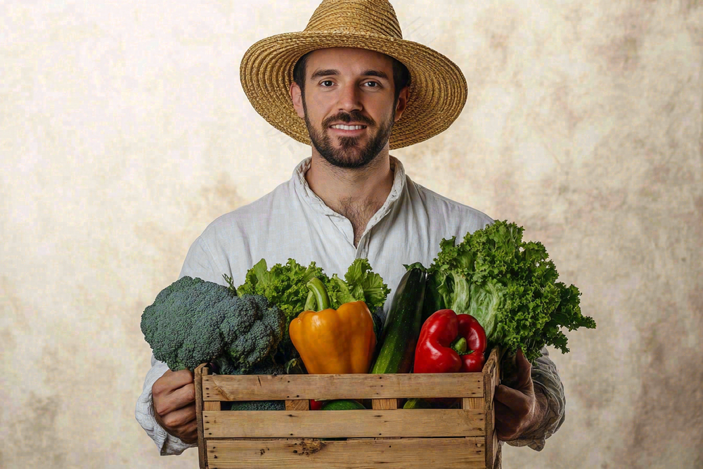 蔬菜农夫抱着一筐蔬菜食物摄影图