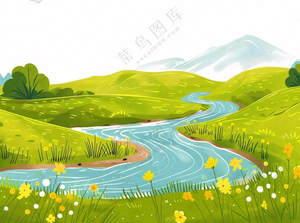 自然风景高原苔原湖泊新疆卡通插画免抠
